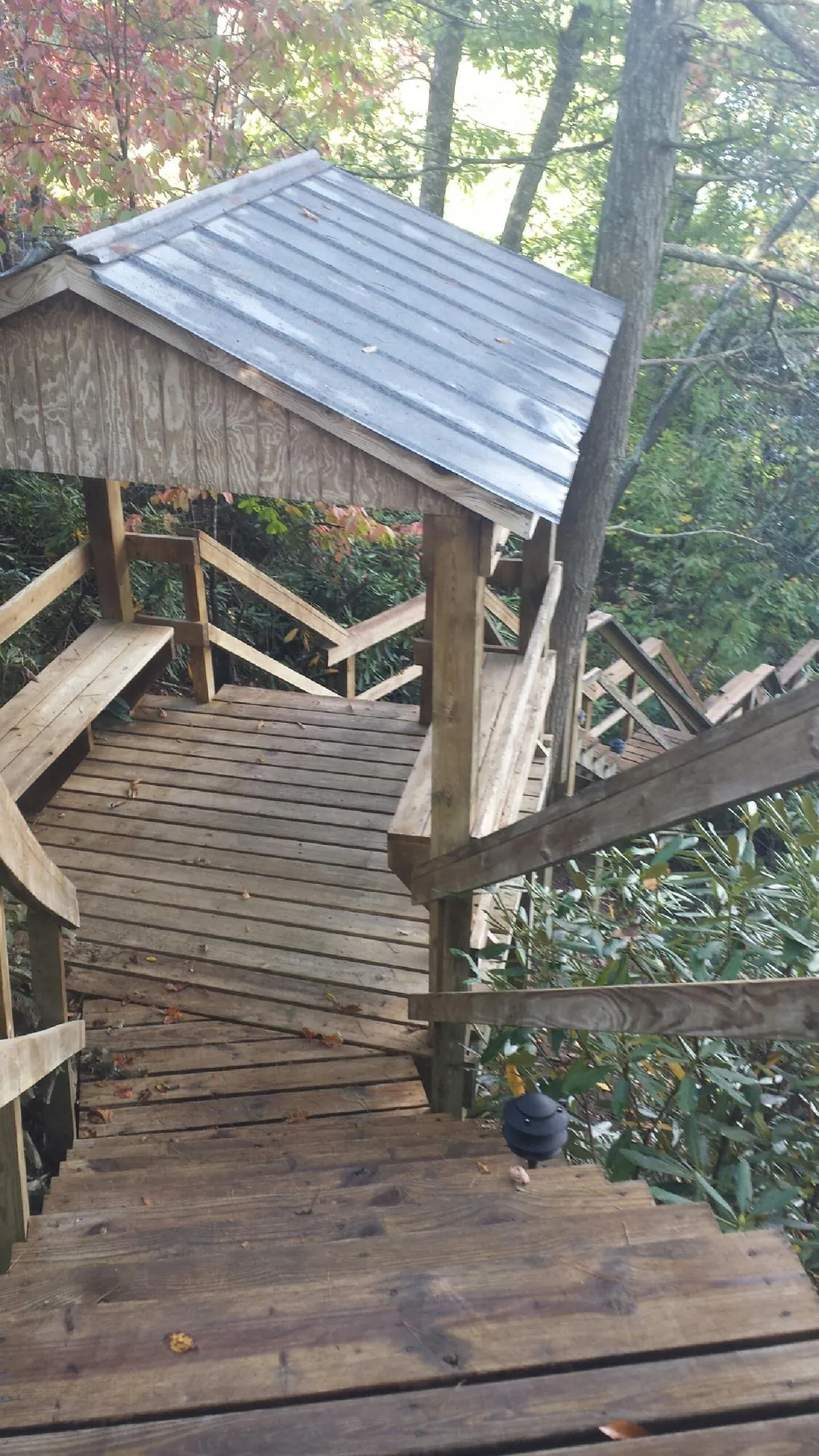 Metal roofed shelter over wooden steps on a wooded walkway — Skylight Repair & Installation work by our crew in Waldport